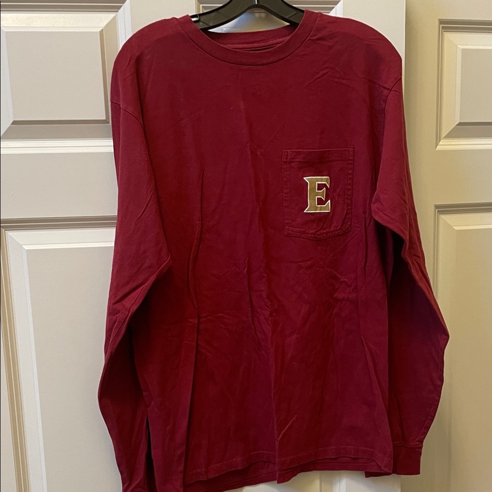 Elon University Embroidered 'E' Pocket Long Sleeve Tee - Deep Burgundy